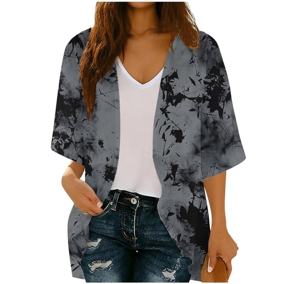 DeHolifer Cardigan for Women Kimono Beach Cover Up Floral Summer Tops Loose Capes Gray S