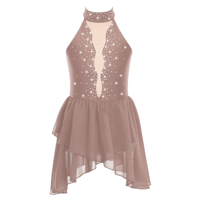 RUNQHUI Robe de Danse Lyrique pour Filles Enfants Sans Manches Dos Nu avec Strass Rose Poussiéreux 8