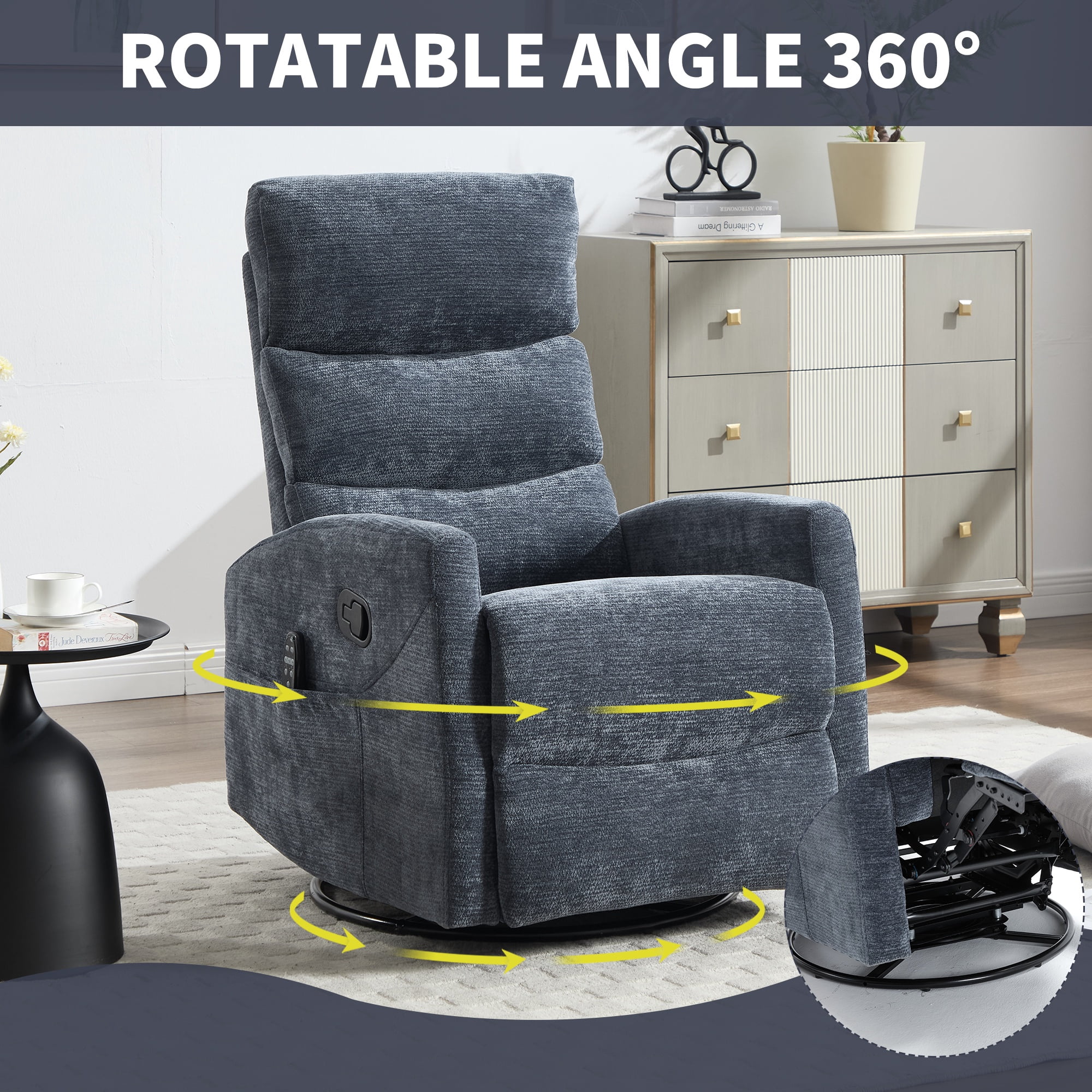 PAPROOS Rocker Recliner with Heat and Massage, Fabric 360°Swivel Rocker Recliner, Glider Rocking Chair for Nursery, Small Manual Recliner with Side Pocket for Home Theater Living Room, Blue