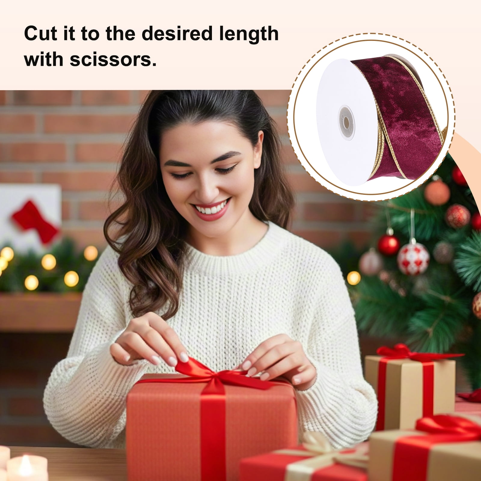 Uxcell Velvet Wired Ribbon, (1.6 Inch x 10 Yards, 2 Pcs)(Dark Red) Velvety Gold Crushed Ribbons Gift Wrapping Binding, Suit For- Crafts/Bow/Wreaths/Christmas Tree Decoration