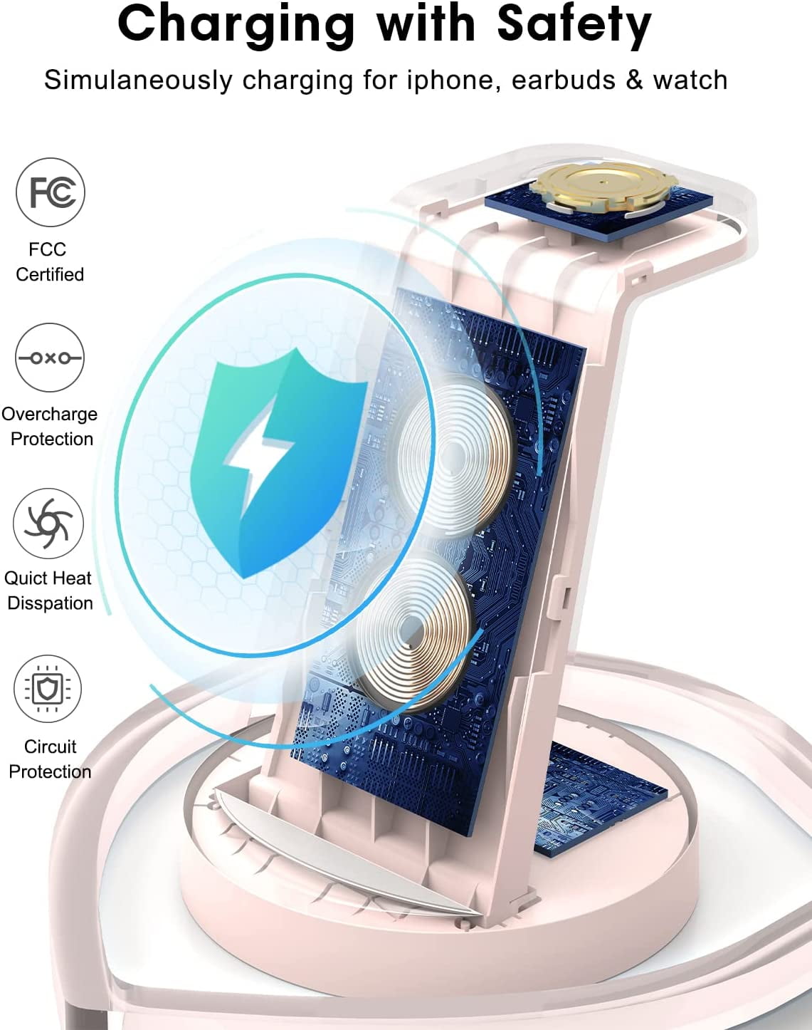 ETEPEHI Wireless Charging Station: 3 in 1 Wireless Charger Compatible for iPhone iWatch Airpods -Pink