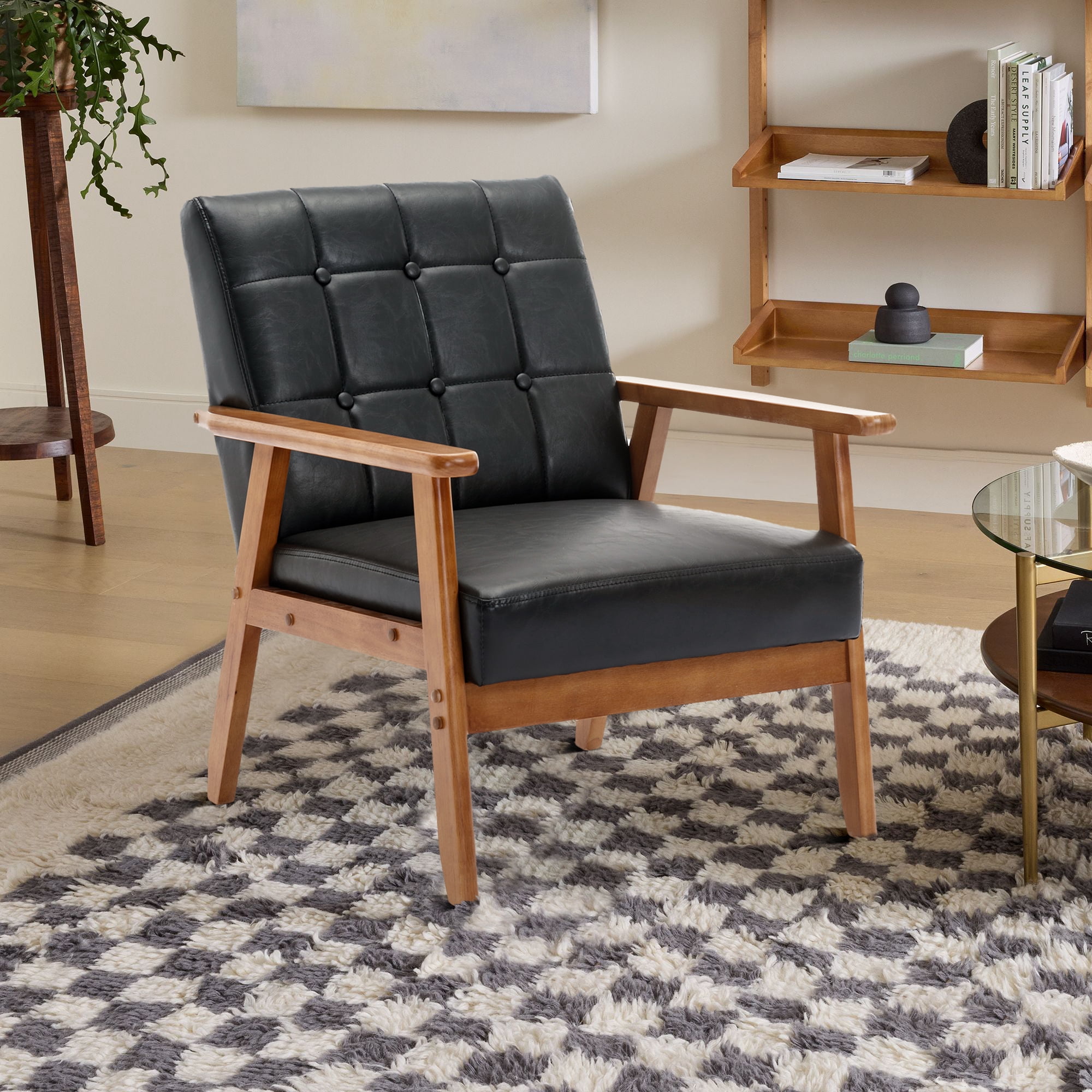 Miniyam Mid Century Modern Accent Chair with Wood Frame,PU Leather Single Reading Chair,Armchair for Living Room Bedroom Home Belcony Office,Black