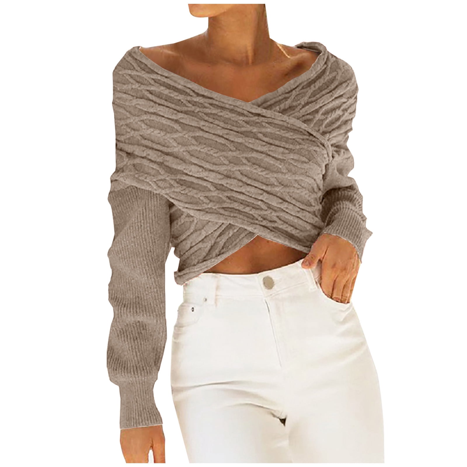 V Neck Long Sleeve Sweaters Cross Wrap 