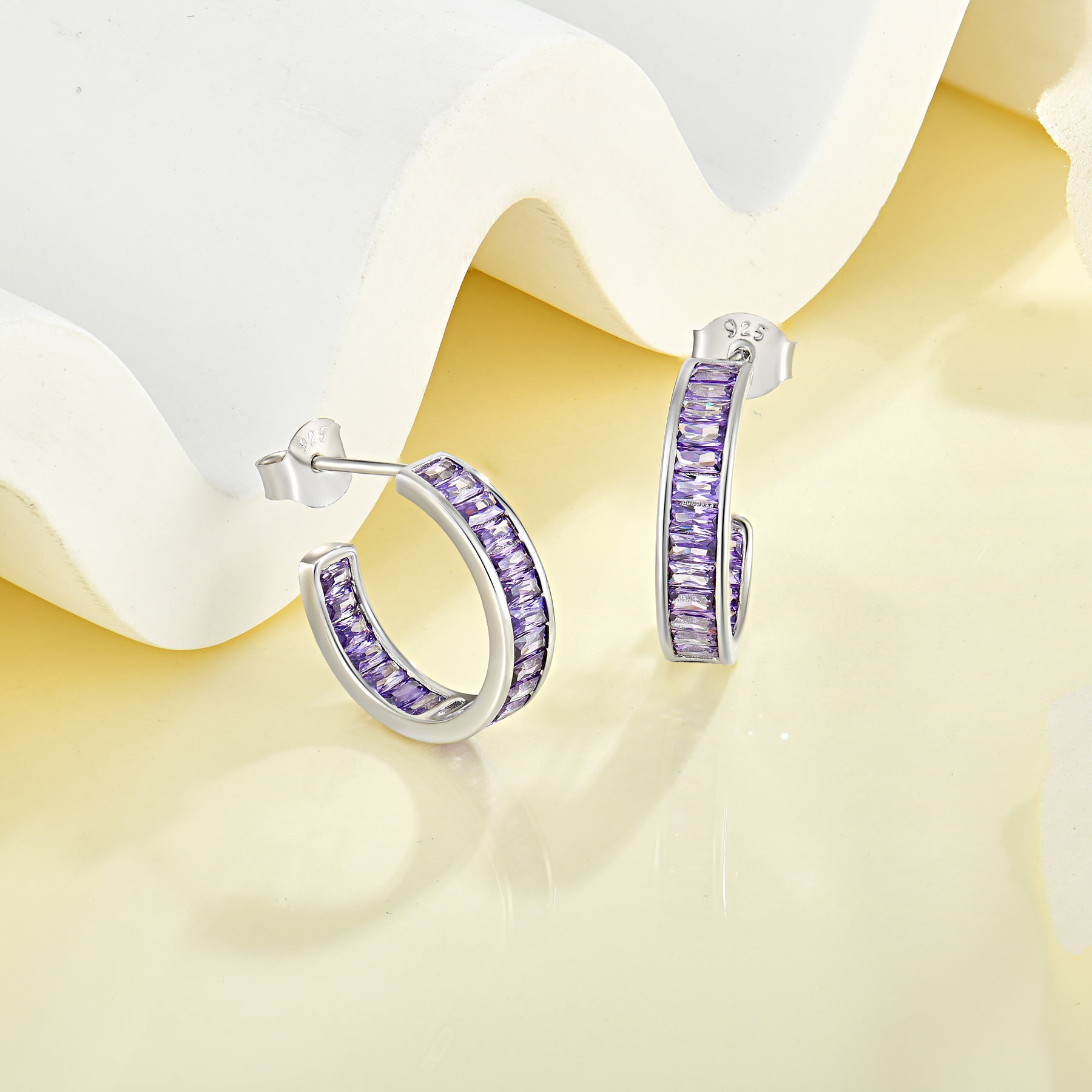 Hoop Earrings for Women 925 Sterling Silver Purple 5A Cubic Zirconia Full Diamond Earrings
