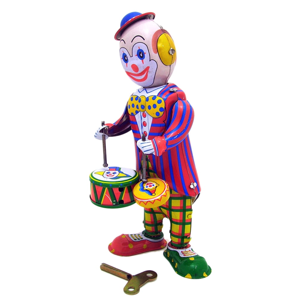 Drumming Clown Circus Style Robot Model in Uniform Wind Up Tin Toy for Kids 