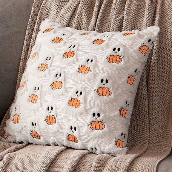 Ghost Pillow Covers 18x18 Inches,Halloween Cute Ghost Hugging Pumpkin Plush Soft Pillow Covers for Spooky Season & Cozy Halloween Decor,Bed Living Room Fall Decor