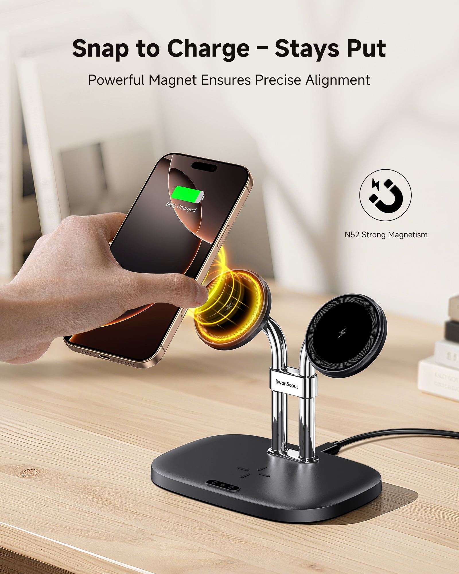 SwanScout Wireless Charger for iPhone 16 Series, Dual Magnetic Charger for iPhone 15/14/13/12 Series, Charging Station for Airpods 4/Airpods Pro 2/3, SwanScout 706M