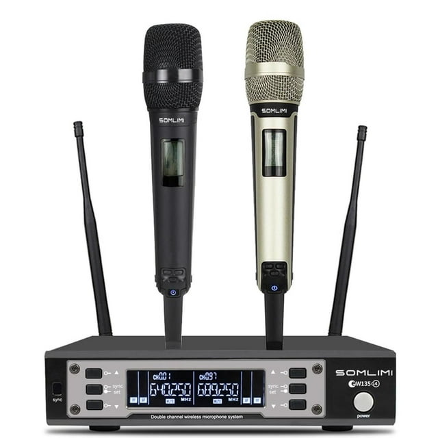 Sistema de Micrófono Inalámbrico SOMLIMI UHF Negro Dorado Profesional de 2 Canales para Cantar