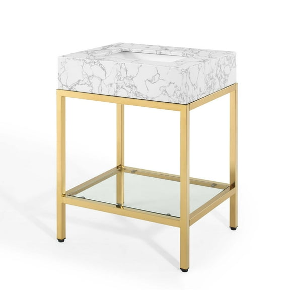 Sink Vanity Cabinet, Artificial Marble, Metal Steel, Gold White, Modern Contemporary Urban Design, Hotel Bedroom Bathroom Master Suite Guest