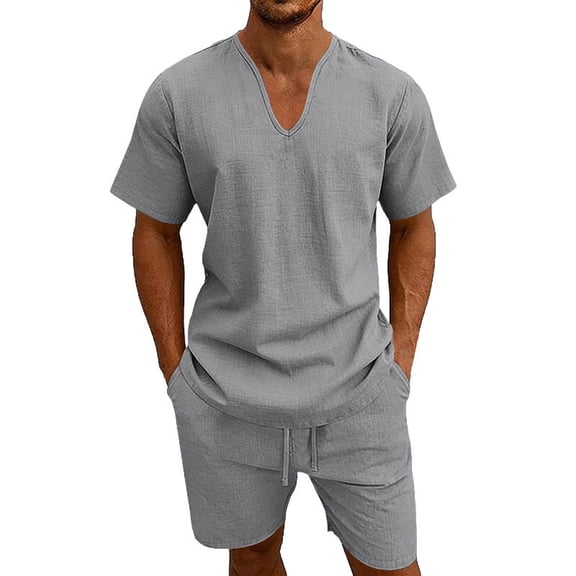 BLTIBY Mens Summer Linen 2 Piece Outfits V Neck Short Sleeve T-Shirts and Drawstring Shorts Casual Loose Beach Loungewear with Pockets Dark Gray XXL