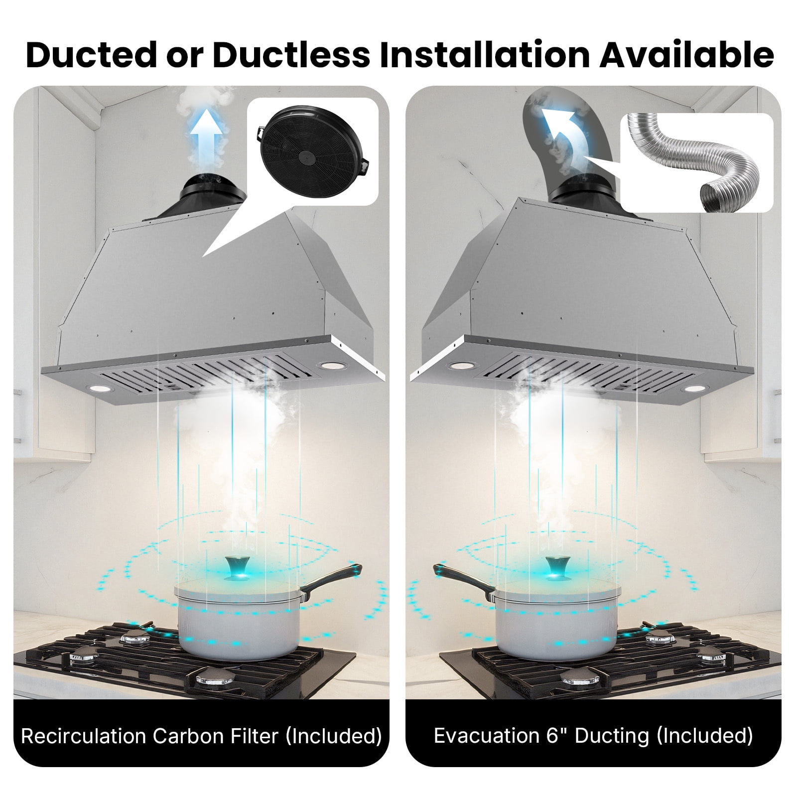 VIKIO 30" Under Cabinet Range Hood Insert 900 CFM Convertible Ducted to Ductless in Stainless Steel with 3-Speed and LED Lights