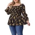 thumbnail image 4 of Agnes Orinda Women's Plus Size Floral Print Tops Smocked Peplum Blouses Square Neck Long Sleeve Casual Shirts 3X Black, 4 of 6
