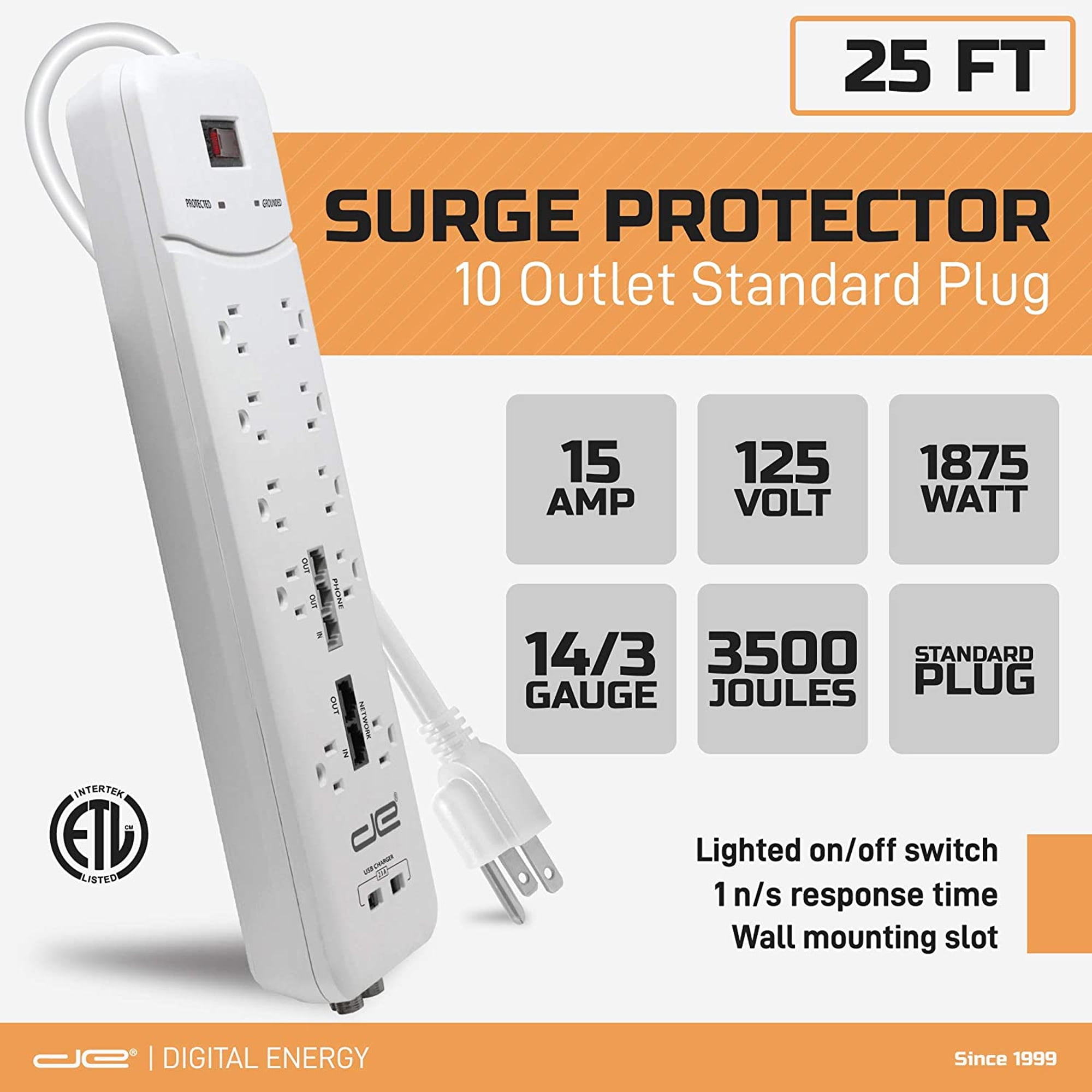 Digital Energy 10-Outlet Surge Protector Power Strip, 25-ft Heavy-Duty Extension Cord, 3500 Joules, USB Charging Ports