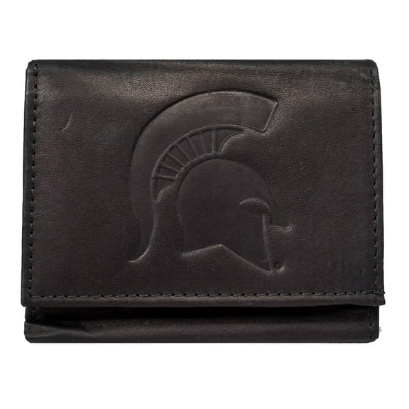 Michigan State - Distressed Look - Embossed Logo Black Leather Trifold Wallet