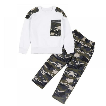 

Toddler Baby Boys Autumn Clothing Set Round Neck T-Shirt Blouse Top with Long Trousers Camouflage Print Set 2 Piece Casual Sweatsuits Kids Outfits for Boy 2-7T