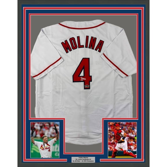 Framed Facsimile Autographed Yadier Molina 35x39 St. Louis White Reprint Laser Auto Baseball Jersey