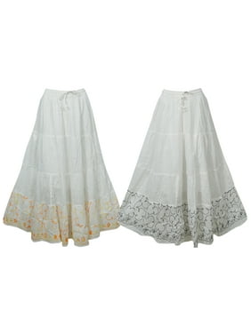 Mogul 2pc Womens Cotton Maxi Skirt Elastic Waist A-Line Boho Gypsy Dance Skirts