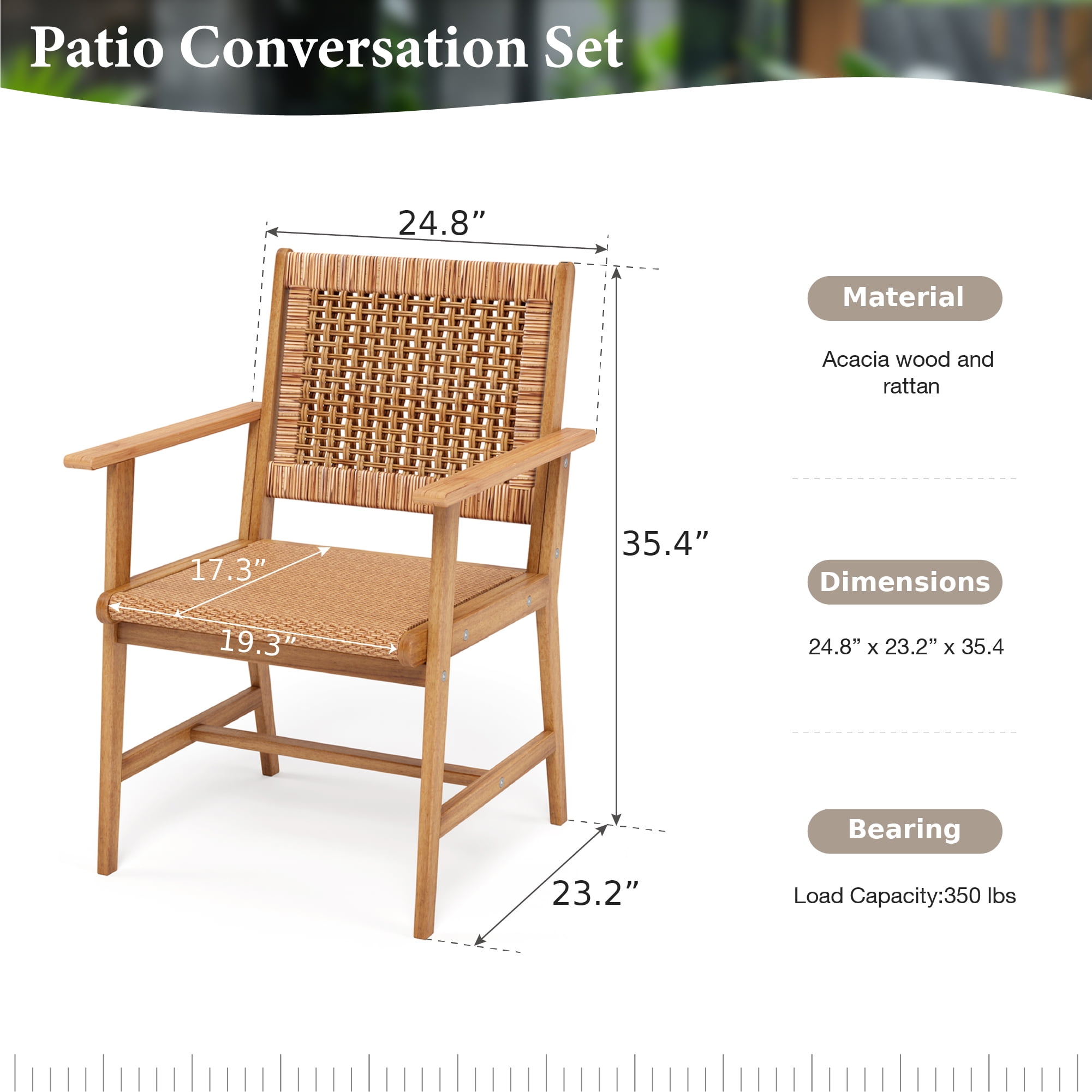 SUMMIT LIVING 8-Piece Acacia Wood Patio Dining Chairs (Weight Capacity 350 lbs) with Rattan Seat & Back, Teak Wood Outdoor Chairs