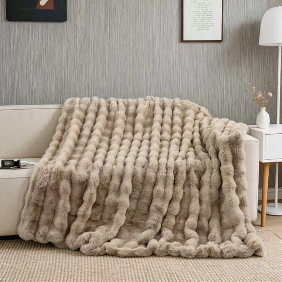 H&D 540GSM Faux Rabbit Fur Throw Blanket, Fluffy Furry Bubble Plush Double-Sided Thick Cozy Warm All Season Blanket for Couch Bed Sofa, 80"x90" Khaki