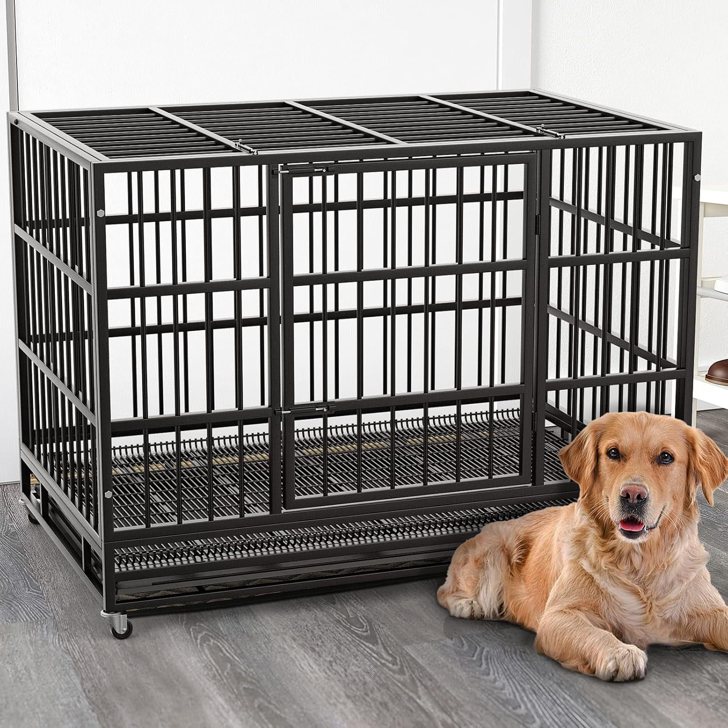 Waleaf 38 inch Heavy Duty Dog Crate Indestructible Dog Crate Cage Metal Kennel and Playpen for Large Dog Indoor Outdoor with Double Doors & Locks Design (38 inch Circular Tube, Silver)