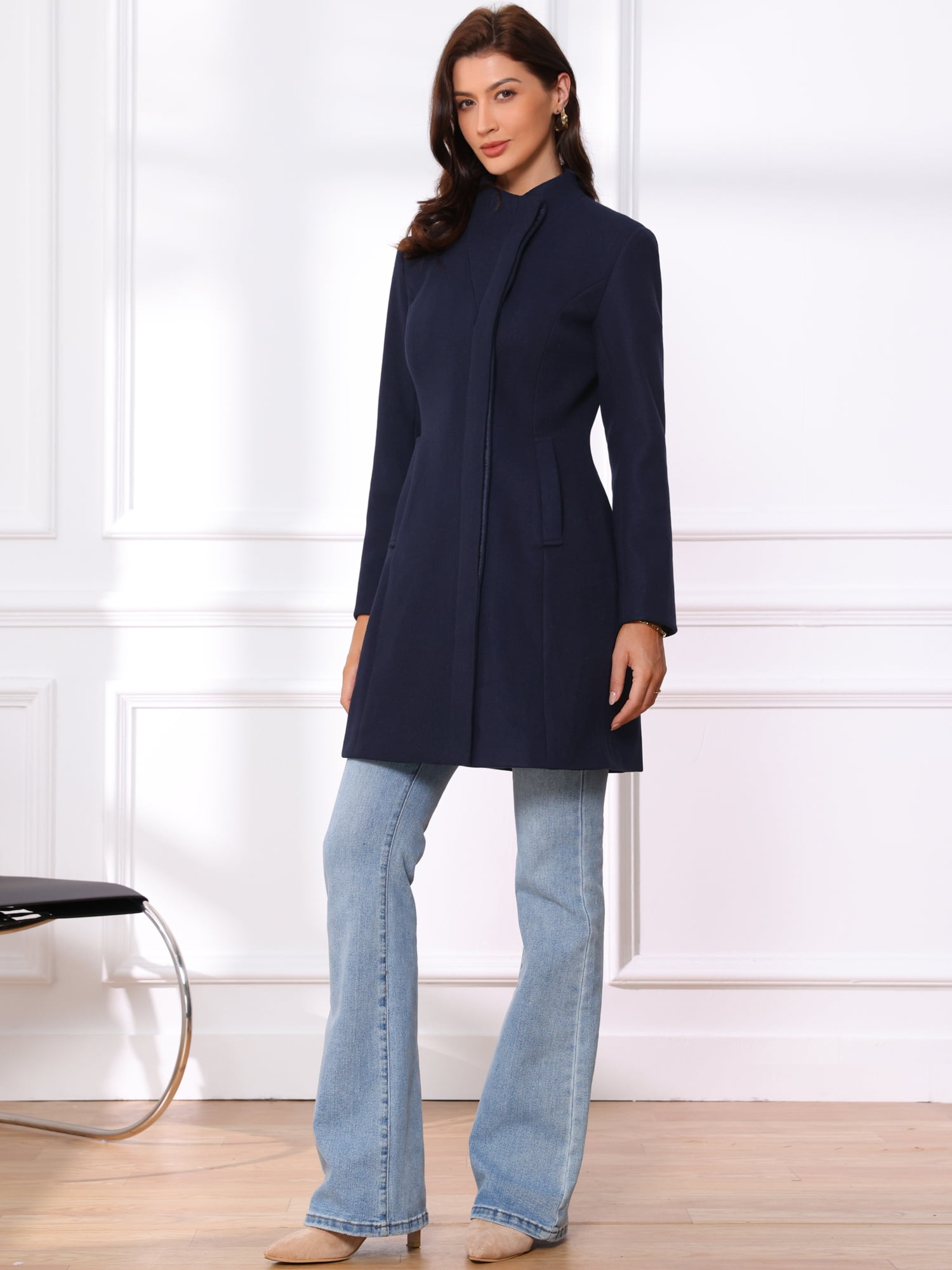 DARING DIVA Women's Stylish Peacoat Wrap Collar 2024 Winter Trench Long Coat L Dark Blue