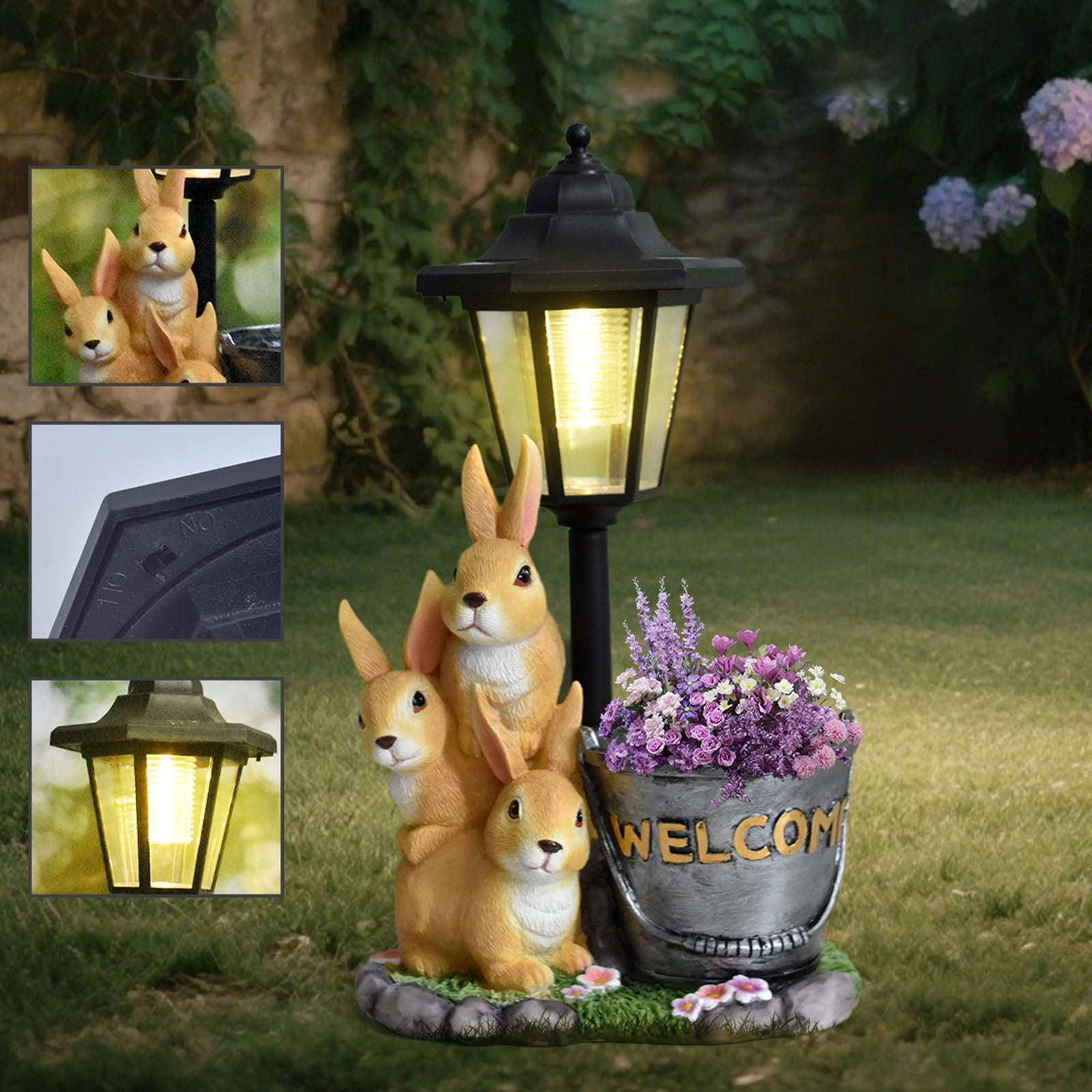 Taotanxi Solar Bunny Garden Stalue Outdoor, Easter Decoration Rabbits Figurine Flowerpot Decolwith Solar Lantem for Yard Art Lawn Ornaments Porch Patio Balcony - Gardening Gifts for Women Mom