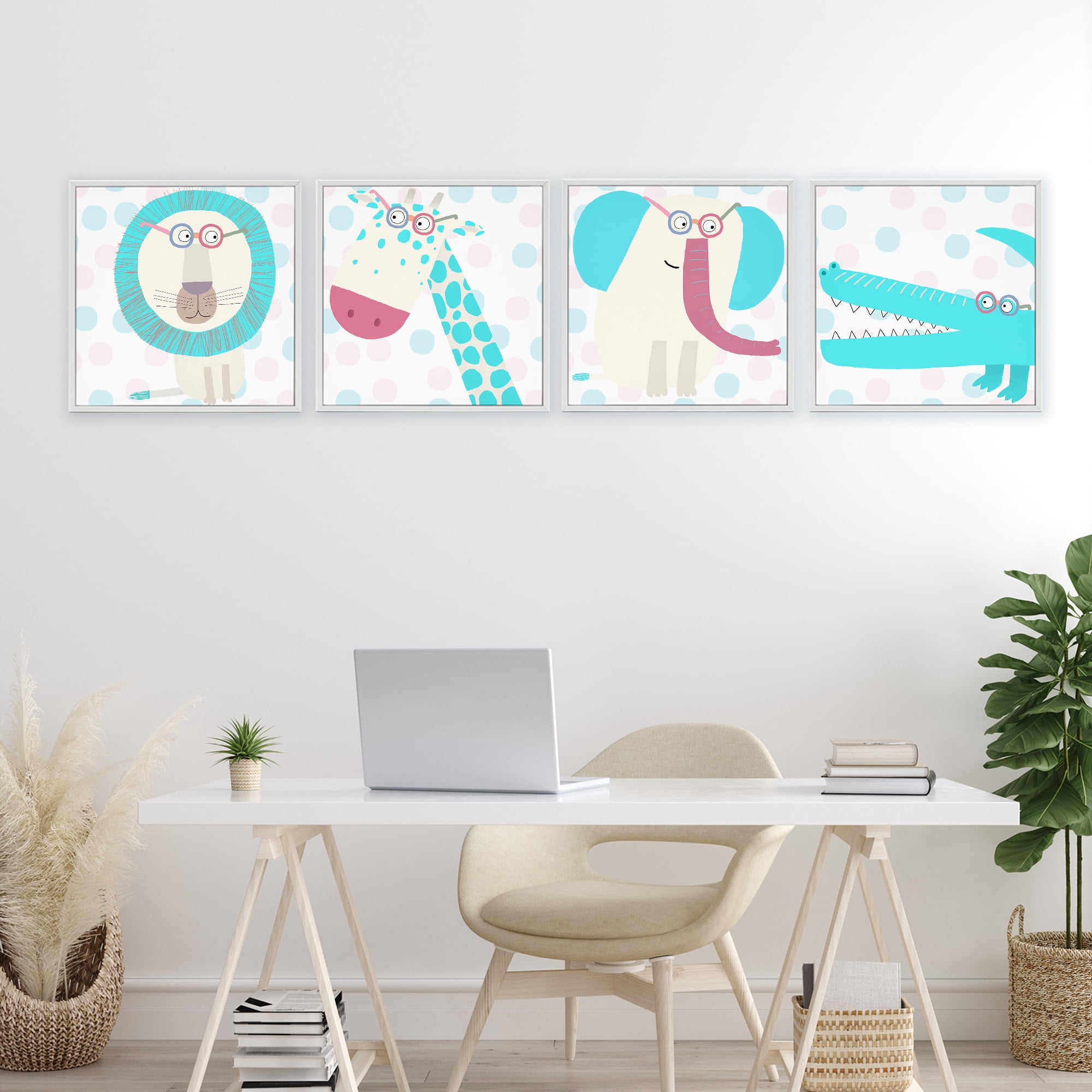 Stupell Industries Electric Blue Wild Animals 4 Piece White Framed Giclee Art Set, design by Carla Daly