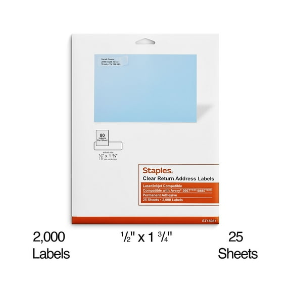 Staples Laser/Inkjet Address Labels 1/2" x 1 3/4" Clear 80 Labels/Sheet 4000/Carton ST18087/18087VS