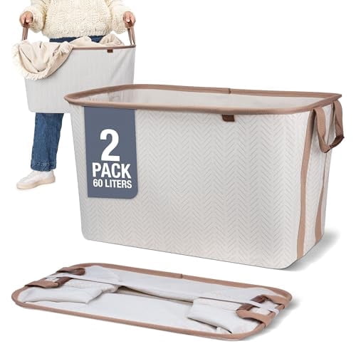CleverMade Collapsible Laundry Baskets 2PK - 60L (16 Gal) Cream Herringbone