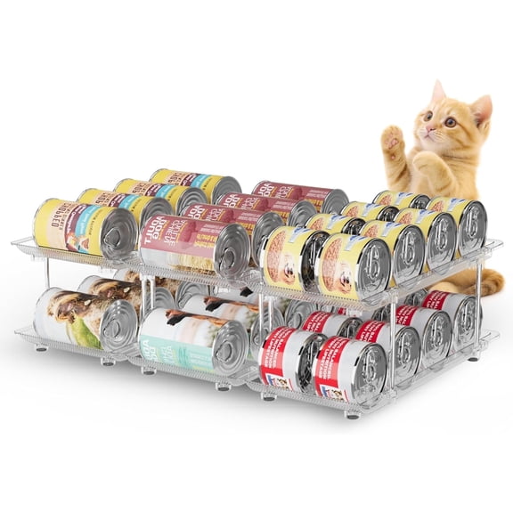 Amorvolat Cat Food Can Organizer,Can Organizer for Pantry, Modular 2 Tier Adjustable Pet Can Rack Large Soup Can Storage Beverage Cans Clear Canned Goods Holder for Pantry and Fridge