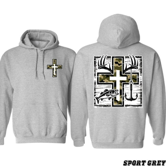 Faith Hunt Fish Hoodie – Camo Cross with Antlers, Hook & Bass Graphic – Country Christian Outdoor Sweatshirt for Men & Women