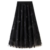 SWSMCLT Women's Elastic Waist Tea-length Layered Butterfly High Waisted Floral Tulle Midi Skirt Pleated Summer Floral A-line Tutu Mesh Formal Prom Party Skirts Black Small-X-Large