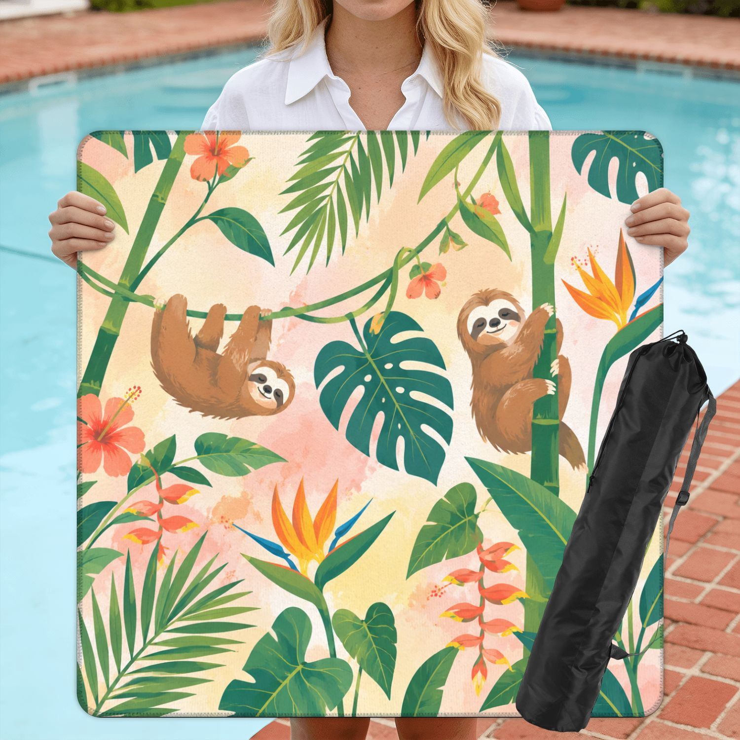 Mahjong Mat 31.5" x 31.5" Playful Lemurs Tropical Jungle Watercolor Palm Trees Flowers Non-Slip Noise Reduction American Mahjong Tiles Table Cover for Dominoes Poker Card Board Games Gift