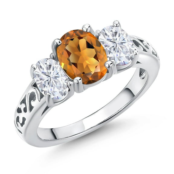 Gem Stone King 925 Sterling Silver Orange Red Madeira Citrine and White Moissanite Filigree Style 3 Stone Ring for Women (2.10 Cttw, Oval 8X6MM and 6X4MM) (Size 6)