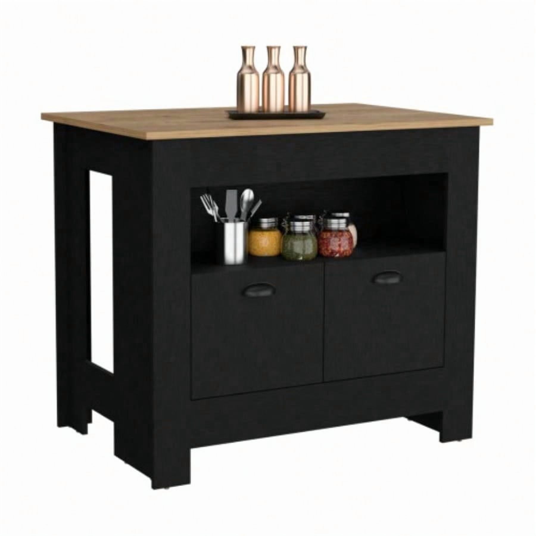 35 Inch High Kitchen Island, 2 Closed Doors & 3 Interior Shelves, Black & Macadamia Finish, Spacious Storage