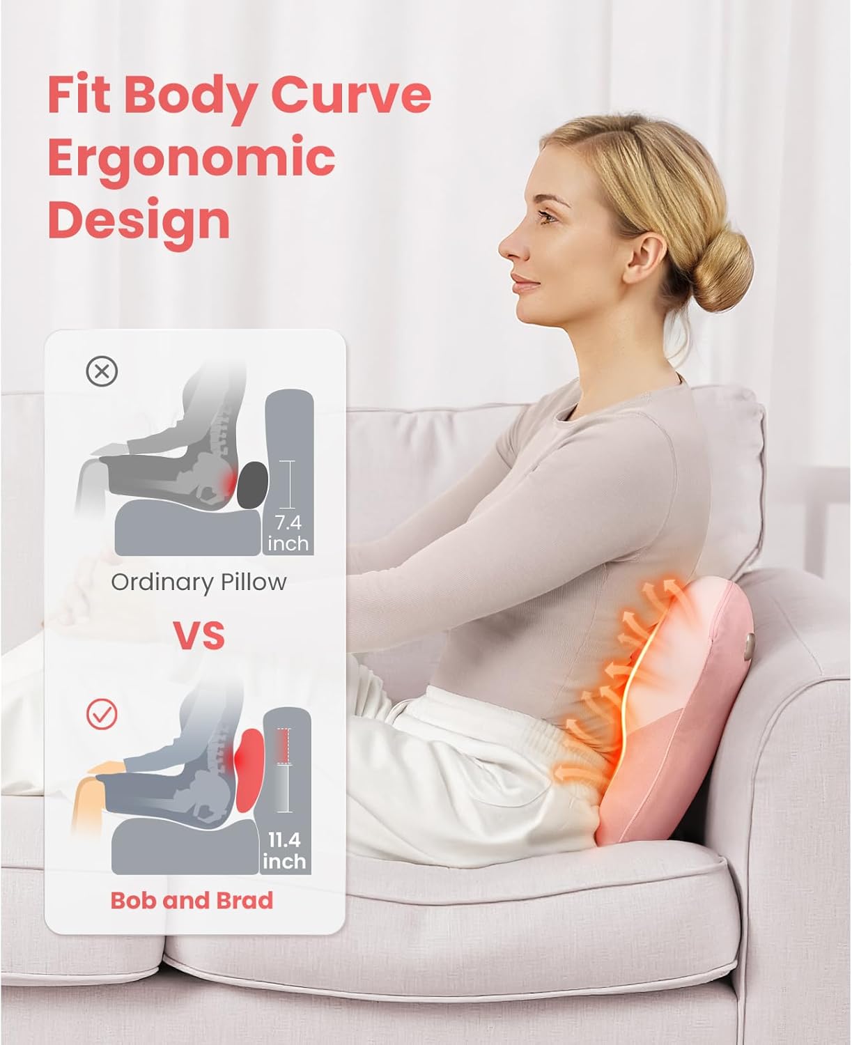 Bob and Brad 3D Shiatsu Kneading EZBack Massager with Heat Therapy, Deep Tissue Neck Massage Pillow for Neck Back Shoulder Pain Relief, FSA Eligible Ideal Gifts, Pink