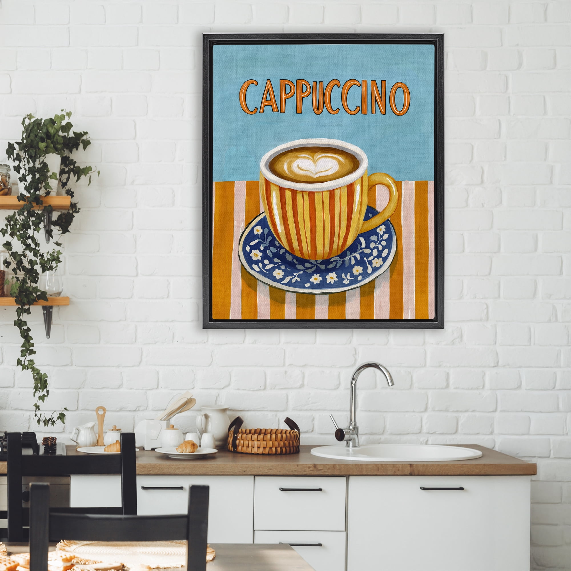 Stupell Industries Cappuccino Stripes Blue & Orange Black Framed Floater Canvas Wall Art, design by Yen