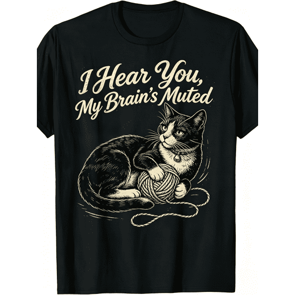 Funny T-Shirt " I Hear You, My Brain’s Muted" Lazy cat - Retro Humor Graphic Tee with TLazy cat Print, Machine Washable Casual Shirt Suitable for, Year-Round Wear for Parties & Everyday Outfits