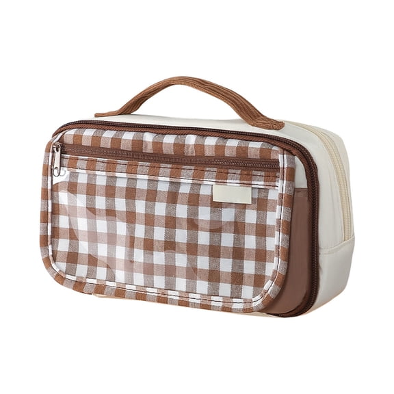 Hyknon Magnetic Checkered Pencil Cases, Large Pencil Case Pouch with Transparent Lid, Multi Compartments Stationery Bag with Handheld, Multi-Functional Pen Bag for Office Travel Daily, Coffee