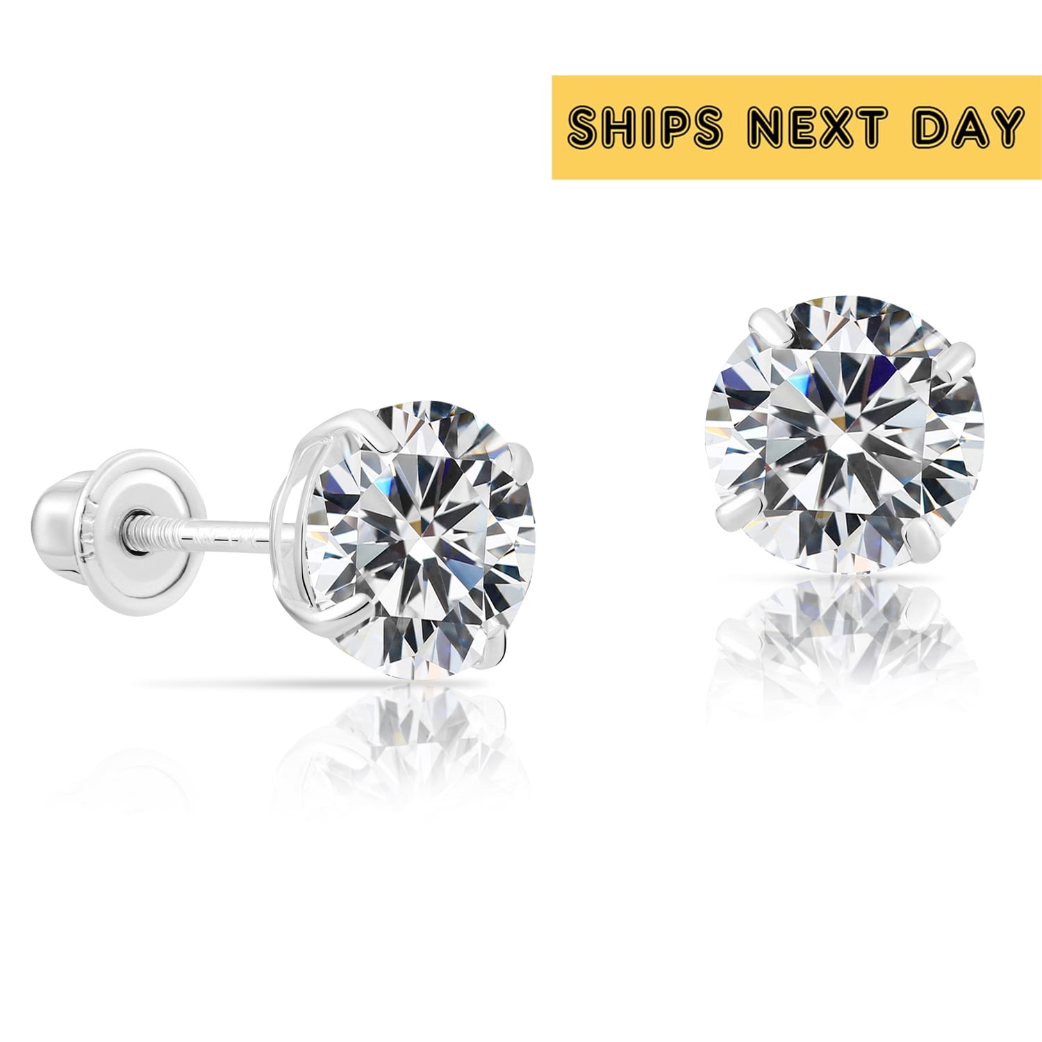 Created White Sapphire Round 14K Solid Yellow Gold Stud Screw Back Stud Earrings 