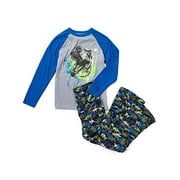 Boy's T-Rex Dinosaur Paint Splatter Polyester Jersey, Fleece Pajama Set (Size 4/5)