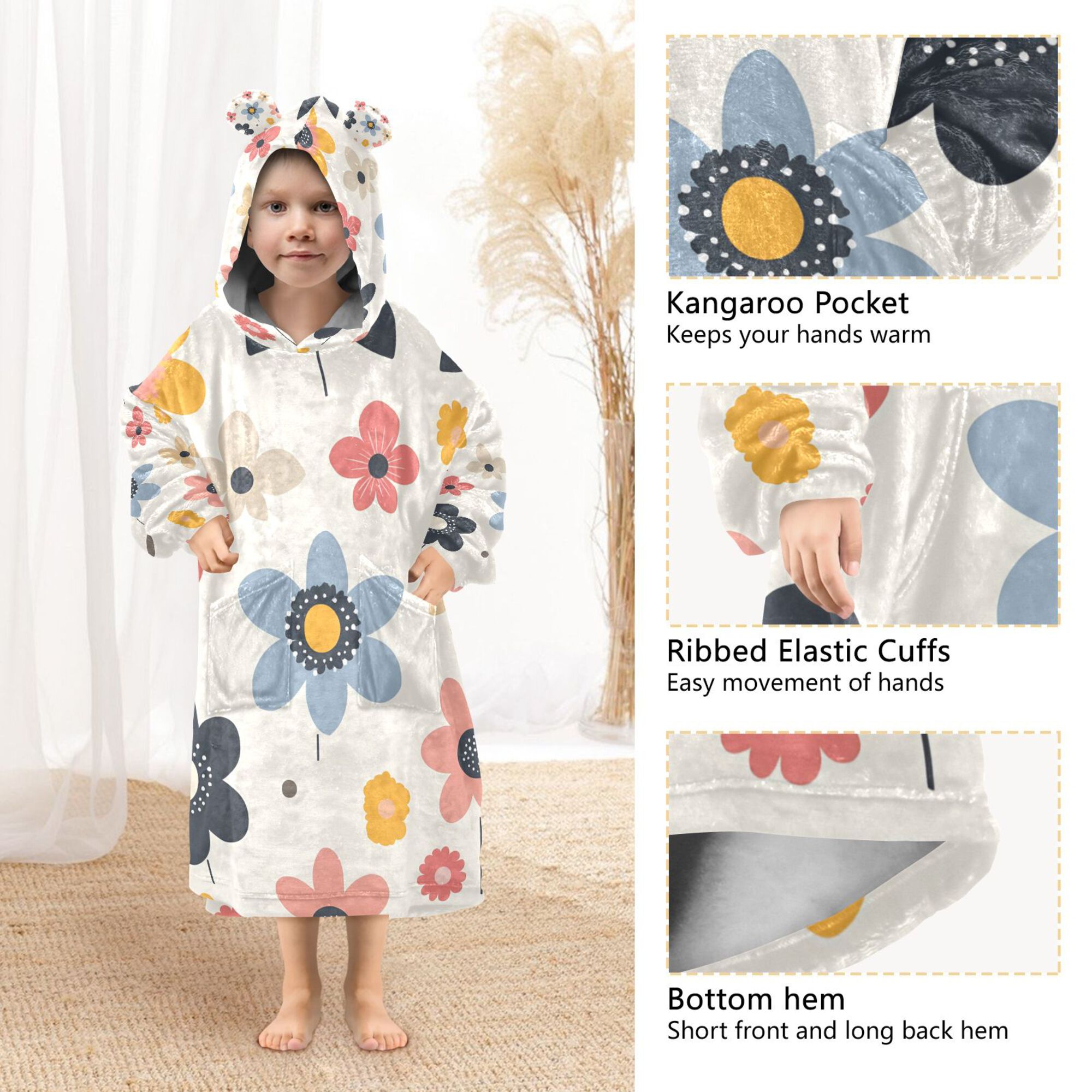 FORMRS Wearable Blanket Hoodie with Sleeves for Kids Cozy Flannel Sweatshirt, Beige Retro Flower