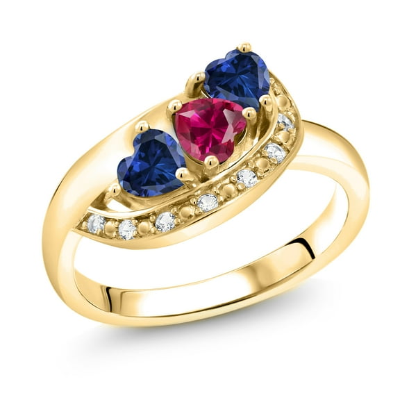 Gem Stone King 18K Yellow Gold Plated Silver Red Created Ruby Blue Created Sapphire and White Created Sapphire Engagement Ring for Women (1.36 Cttw, Gemstone July Birthstone, Heart Shape 4MM, Size 9)