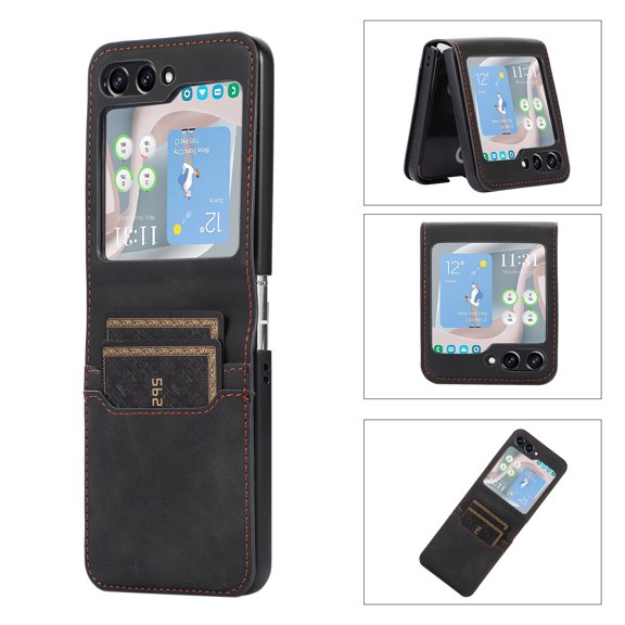 Luxury Leather Wallet Cover for Samsung Galaxy Z Flip 5 2023 with High-quality Easy to install,Card Slots Card Holders,Shockproof Full Body Protective Folding Case For Ladies Women Men,Black