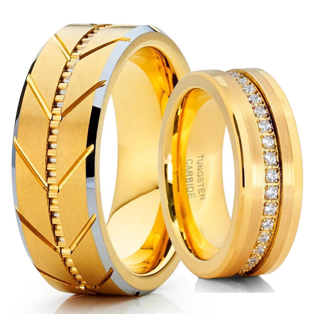 His And Hers Yellow Gold Tungsten Wedding Bands - 8mm - Yellow Gold Ring - Tungsten Rings
