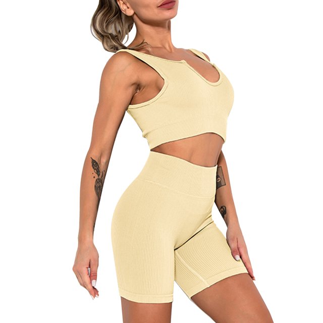 Women Sports Set Ribbed Crop Tops Removable Pad High Waist