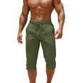 thumbnail image 2 of Men's Cotton Linen Capri Pants Elastic Drawstring Waist Button Hem Long Short with Pockets, Summer Vacation Casual Beach Shorts, 2 of 9