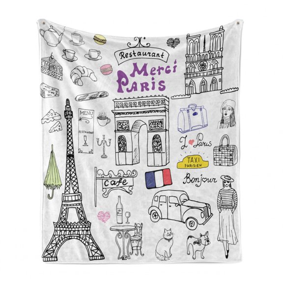 Hipster Soft Flannel Fleece Blanket, Paris Culture in Doodle Style Drawing Eiffel Tower Beret Croissant Blue Cheese Taxi, Cozy Plush for Indoor and Outdoor Use, 60" x 80", Multicolor, by Ambesonne