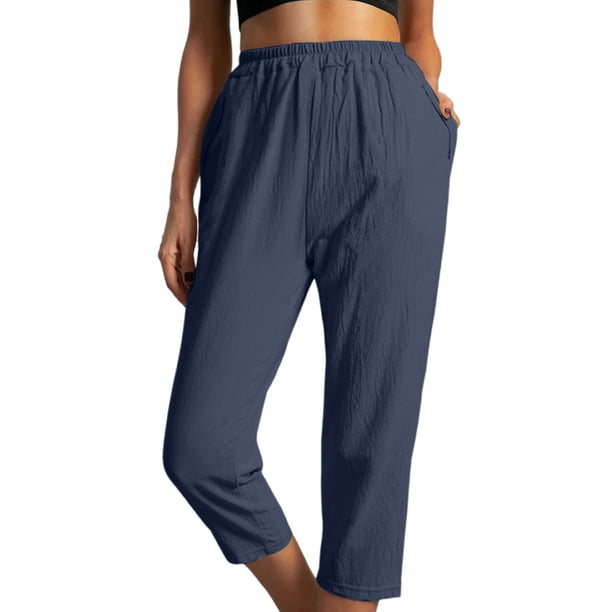 Sexy Dance Women Capri Pants Solid Color Trousers Tapered Copped Pant  Lounge Bottoms High Waist Navy Blue XL