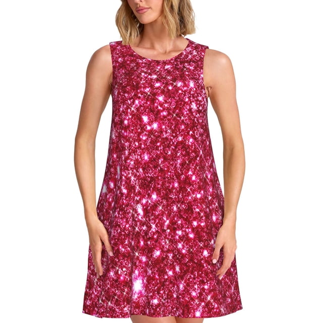 Fotbe Pink Glitter Vestido de Verano sin Mangas para Mujer – Vestido Midi Línea A, Estilo Camiseta Floral, Vestido Playero Casual y Fluido